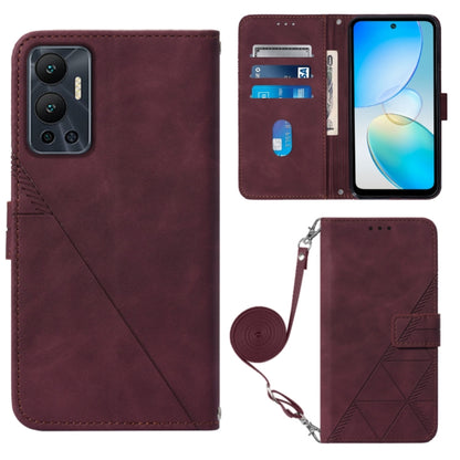 Wine red embossed flip leather phone case with crossbody strap and card slots