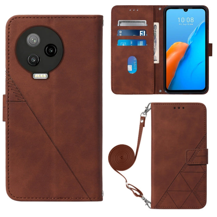 Brown embossed flip leather phone case with crossbody strap and card slots