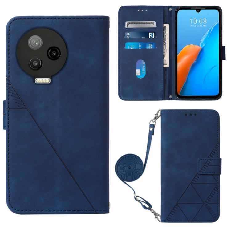 Blue embossed flip leather phone case with crossbody strap and card slots