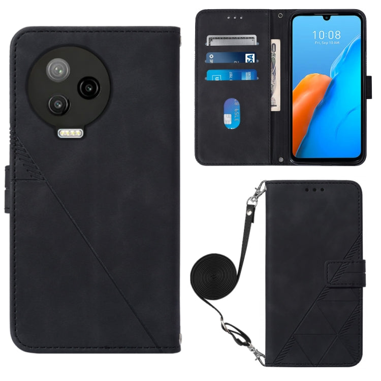 Black embossed flip leather phone case with crossbody strap and card slots