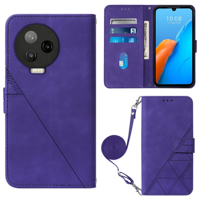 Purple embossed flip leather phone case with crossbody strap and card slots