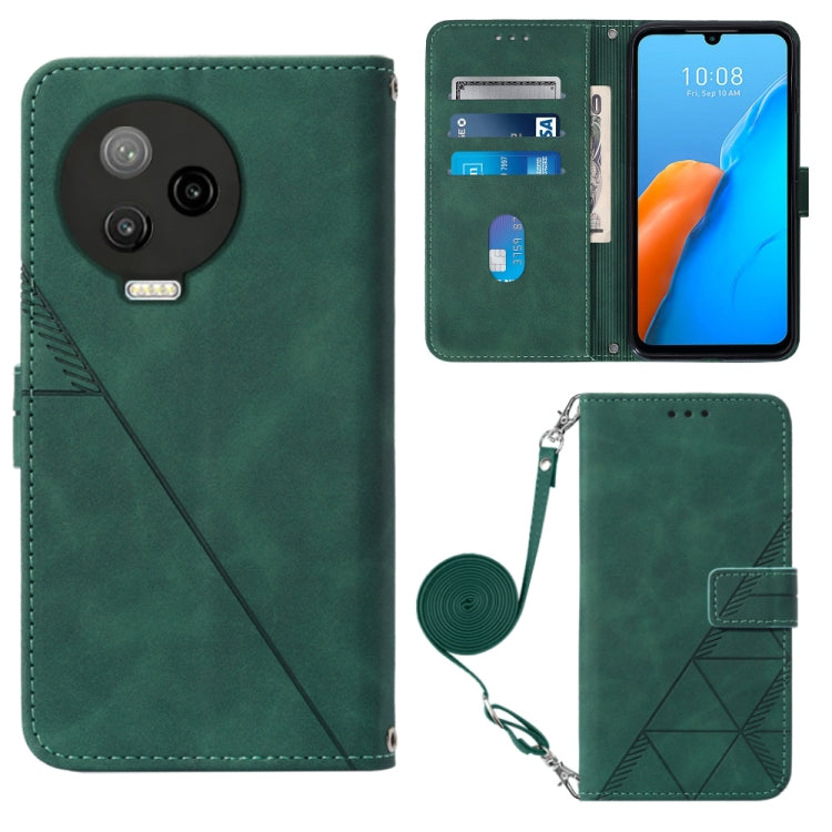 Green embossed flip leather phone case with crossbody strap and card slots