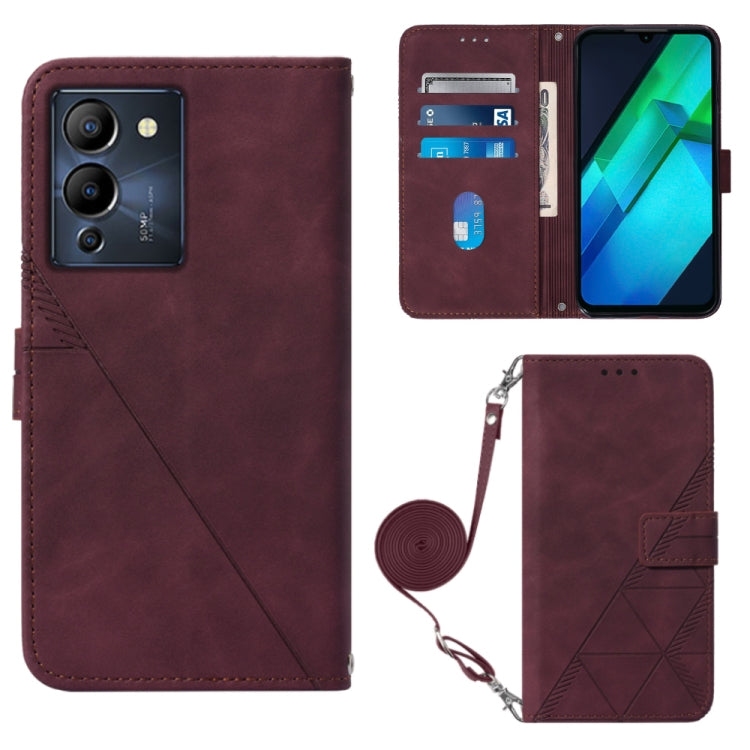 Wine red 3D embossed leather crossbody flip phone case with card slots and strap