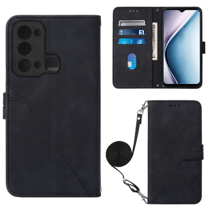 Black 3D embossed leather crossbody flip phone case with card slots and strap
