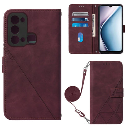 Wine red 3D embossed leather crossbody folio flip phone case with wrist strap