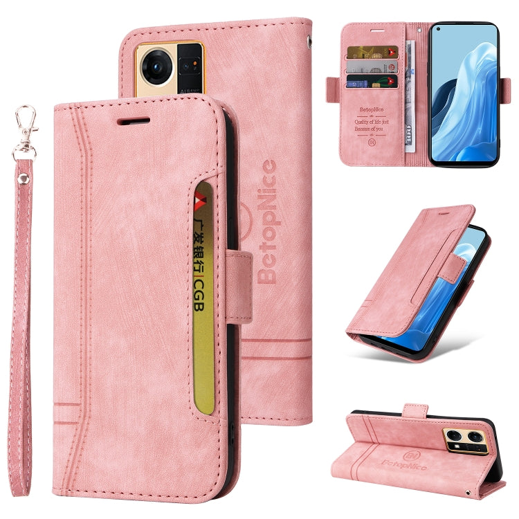 Pink dual-side buckle leather phone case with card slots and wrist strap, stand view