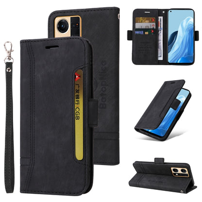 Black dual-side buckle leather phone case with card slots and wrist strap, stand view