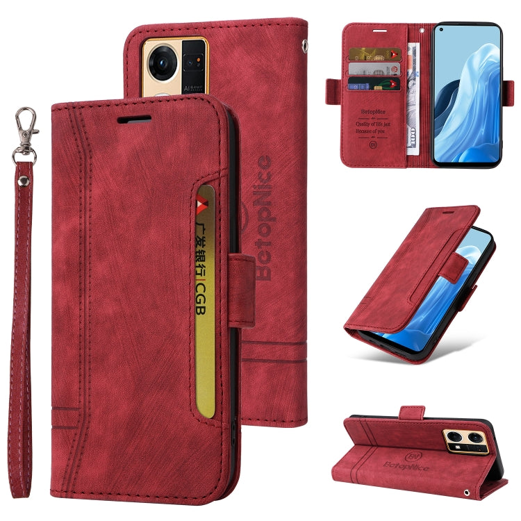 Red dual-side buckle leather phone case with card slots and wrist strap, stand view