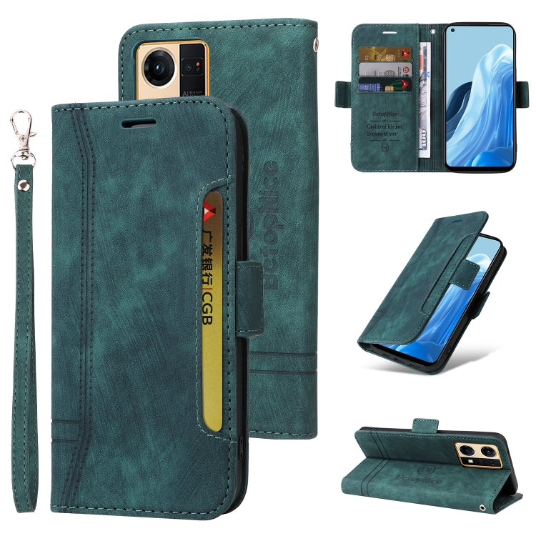 Teal dual-side buckle leather phone case with card slots and wrist strap, stand view