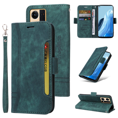 Teal dual-side buckle leather phone case with card slots and wrist strap, stand view