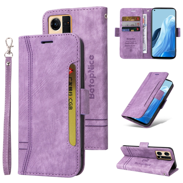 Purple dual-side buckle leather phone case with card slots and wrist strap, stand view