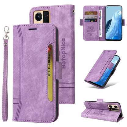 Purple dual-side buckle leather phone case with card slots and wrist strap, stand view