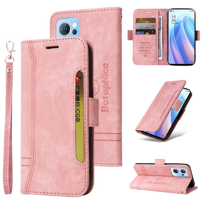 Dual-side buckle leather phone case, pink, with wrist strap and card holder slots