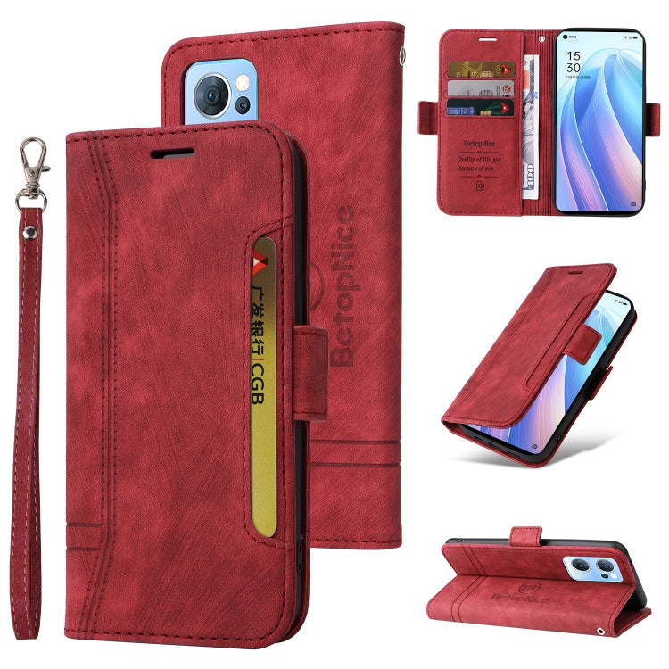 Dual-side buckle leather phone case, red, with wrist strap and card holder slots