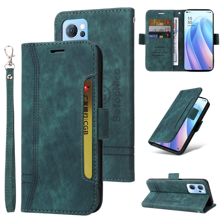Dual-side buckle leather phone case, teal, with wrist strap and card holder slots