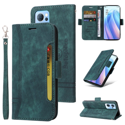 Dual-side buckle leather phone case, teal, with wrist strap and card holder slots
