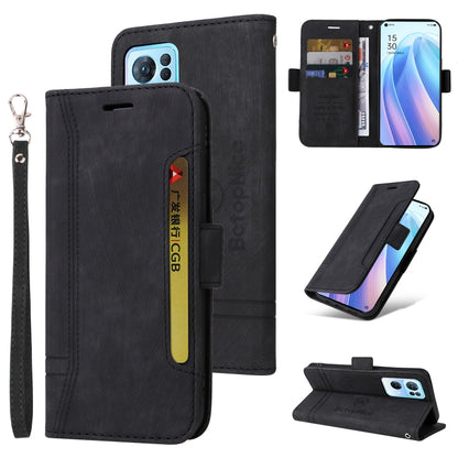 Black leather flip phone case with card slots and wrist strap, open and closed views.