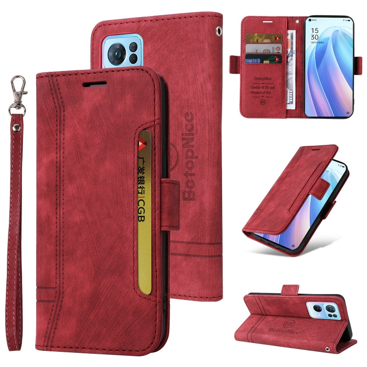 Red leather flip phone case with card slots and wrist strap, open and closed views.