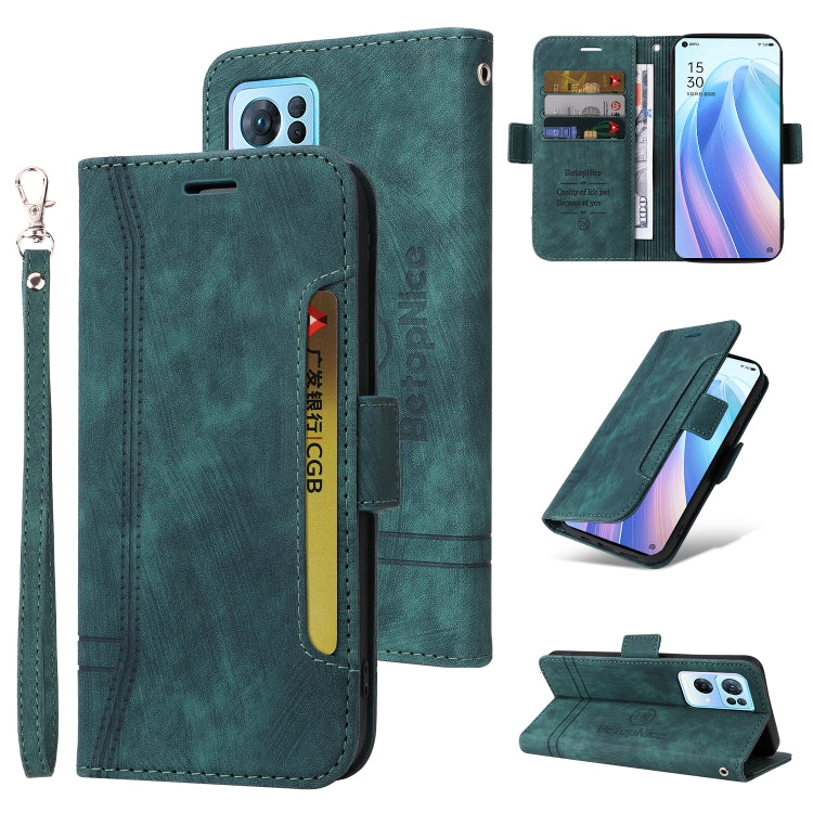 Teal leather flip phone case with card slots and wrist strap, open and closed views.