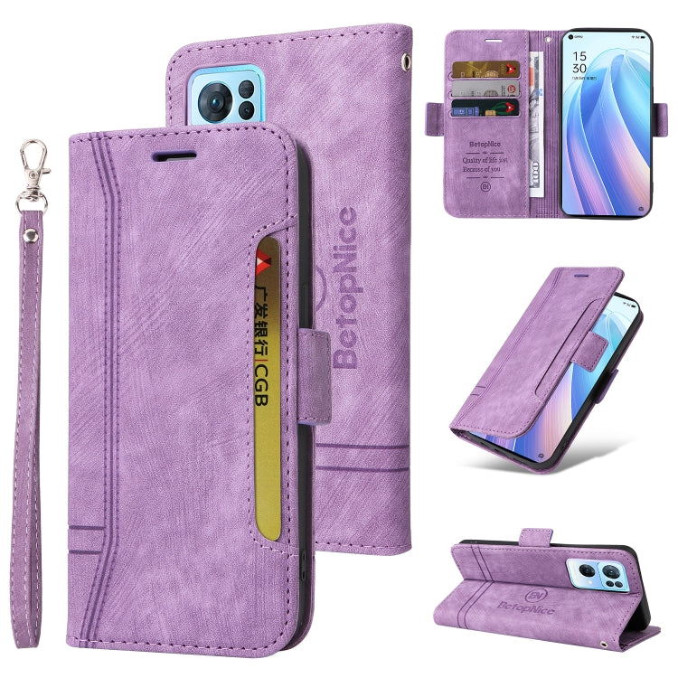 Purple leather flip phone case with card slots and wrist strap, open and closed views.