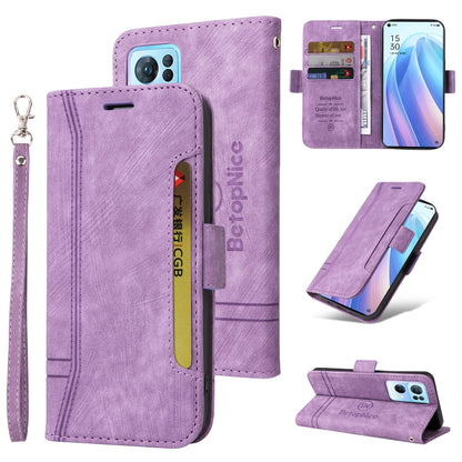 Purple leather flip phone case with card slots and wrist strap, open and closed views.