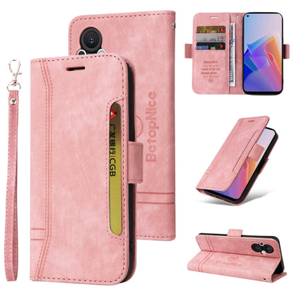Pink leather phone case with flip cover, dual-side slots, buckle, and wrist strap