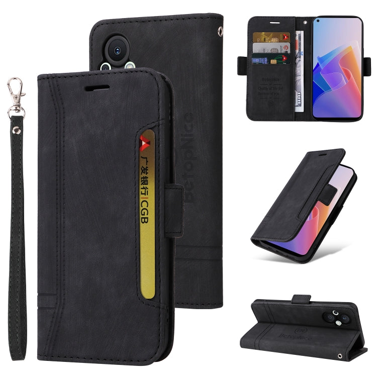 Black leather phone case with flip cover, dual-side card slots, buckle, and wrist strap