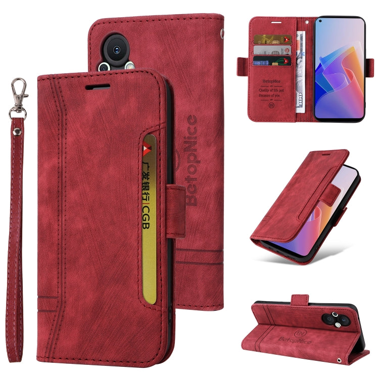 Red leather phone case with flip cover, dual-side slots, buckle, and wrist strap