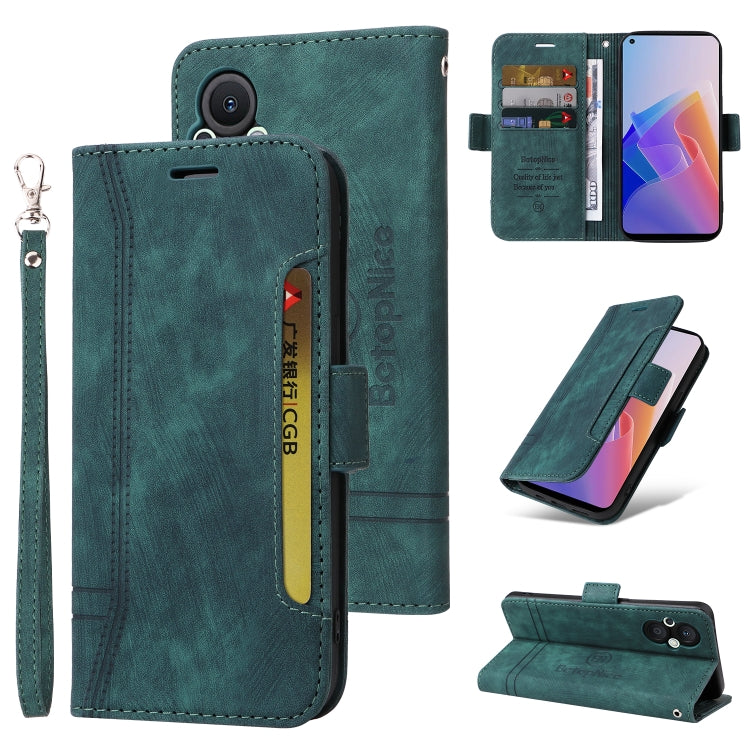 Teal leather phone case with flip cover, dual-side card slots, buckle, and wrist strap
