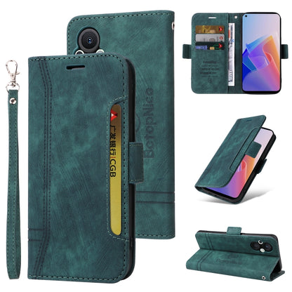 Teal leather phone case with flip cover, dual-side card slots, buckle, and wrist strap
