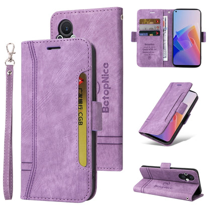 Purple leather phone case with flip cover, dual-side card slots, buckle, and wrist strap