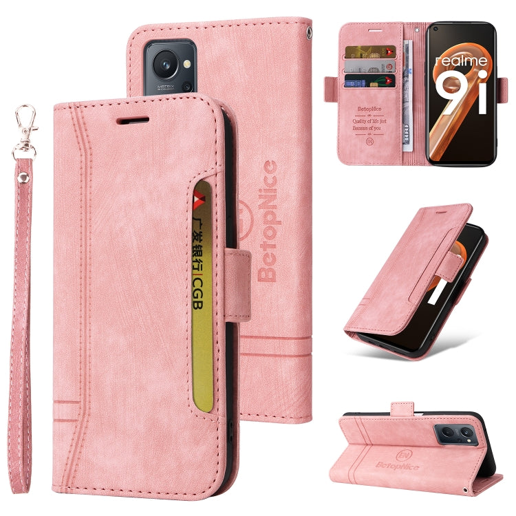 Pink leather dual-side buckle phone case with wrist strap and card slots, flip cover.