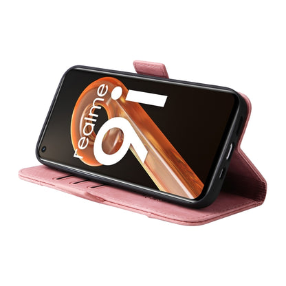 Pink leather flip phone case with stand angle support and camera cutout opening.