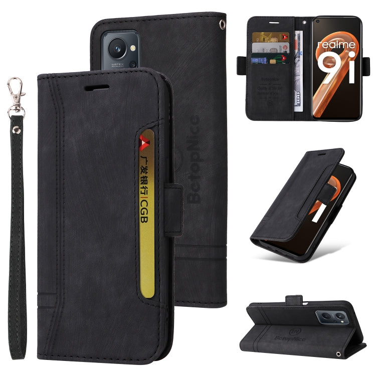 Black leather dual-side buckle phone case with wrist strap, card slots, and flip cover.