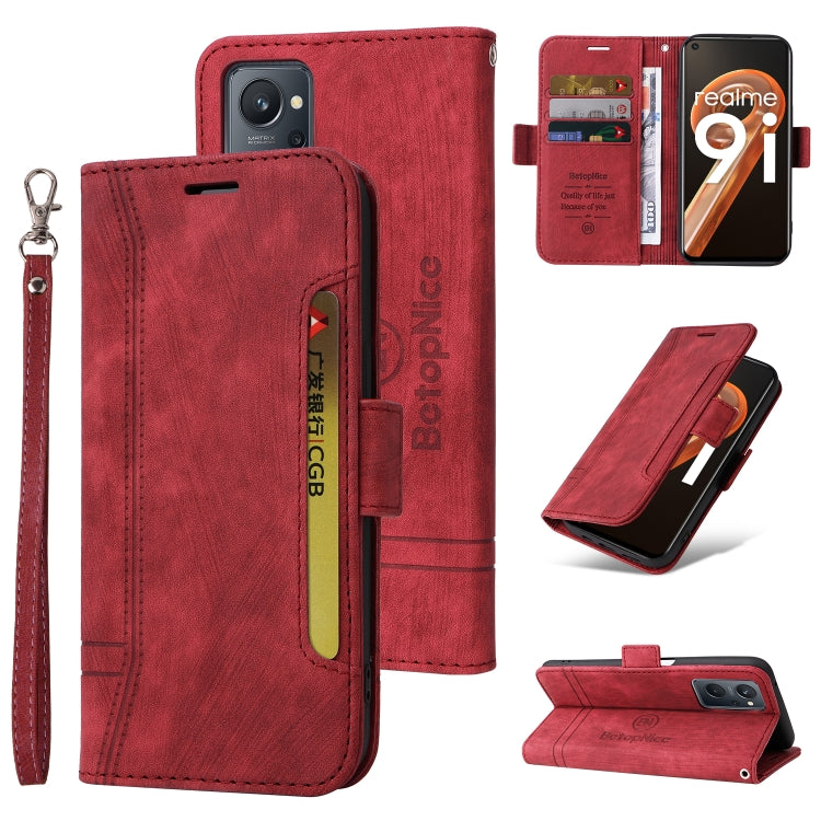 Red leather dual-side buckle phone case with wrist strap, card slots, and flip cover.