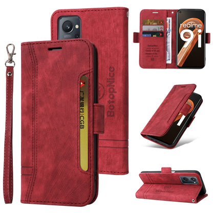 Red leather dual-side buckle phone case with wrist strap, card slots, and flip cover.