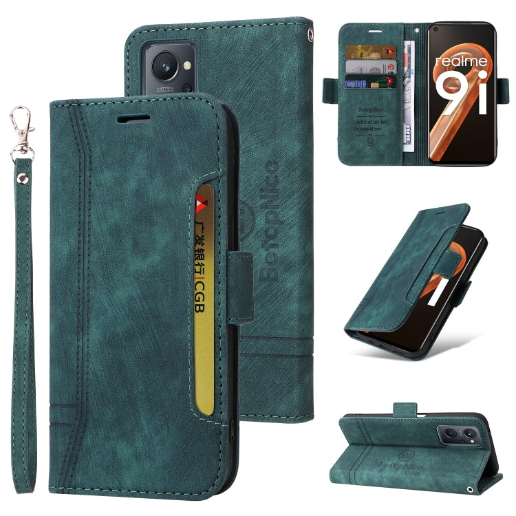 Teal leather dual-side buckle phone case with wrist strap, card slots, and flip cover.