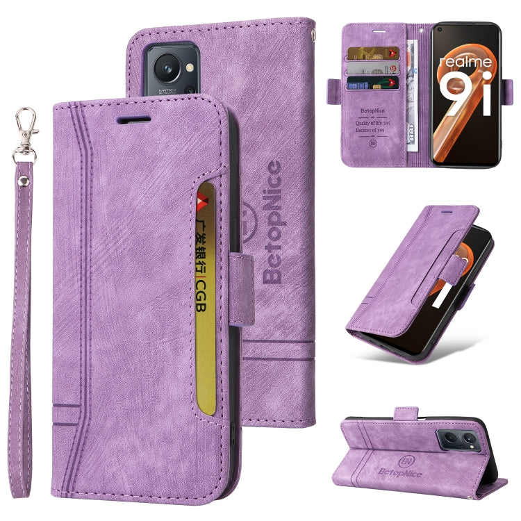 Purple leather dual-side buckle phone case with wrist strap, card slots, and flip cover.