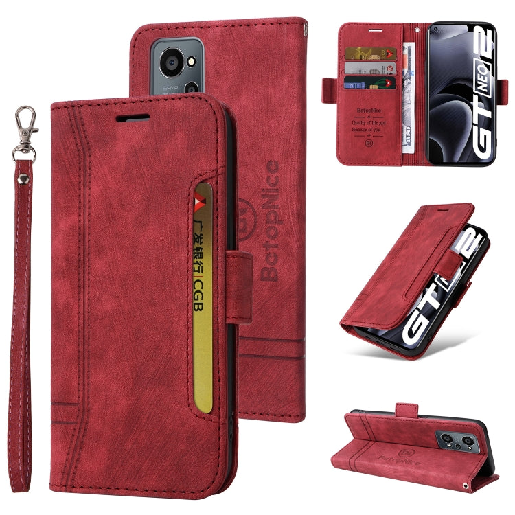 Red dual-side buckle leather phone case with wrist strap and card slots