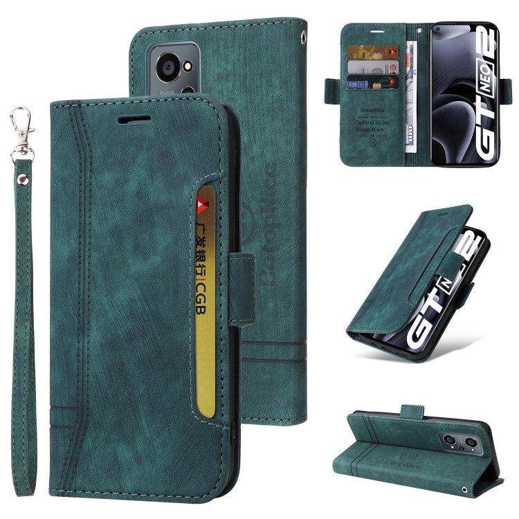 Dark teal dual-side buckle leather phone case with wrist strap and card slots