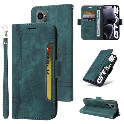 Dark teal dual-side buckle leather phone case with wrist strap and card slots