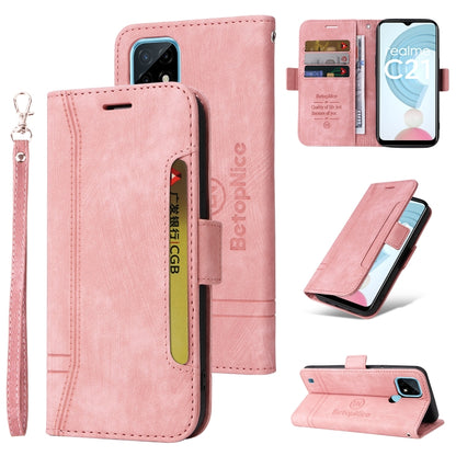 Dual-side buckle leather phone case, pink, with wrist strap and folding kickstand