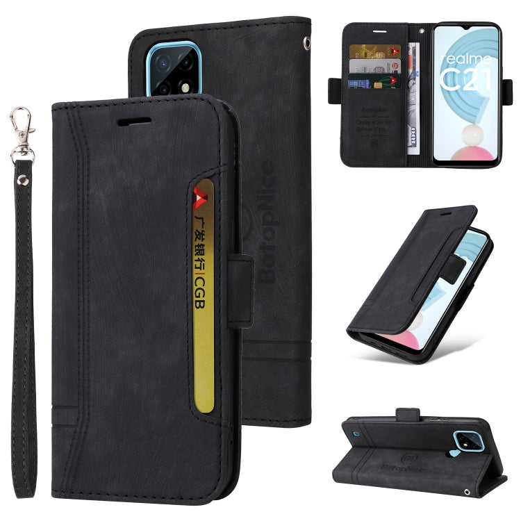 Dual-side buckle leather phone case, black, with wrist strap and folding kickstand
