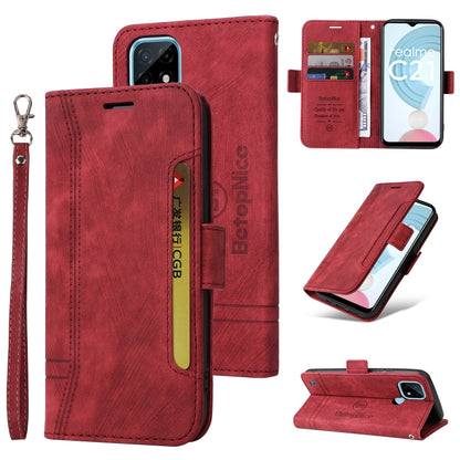 Dual-side buckle leather phone case, red, with wrist strap and folding kickstand
