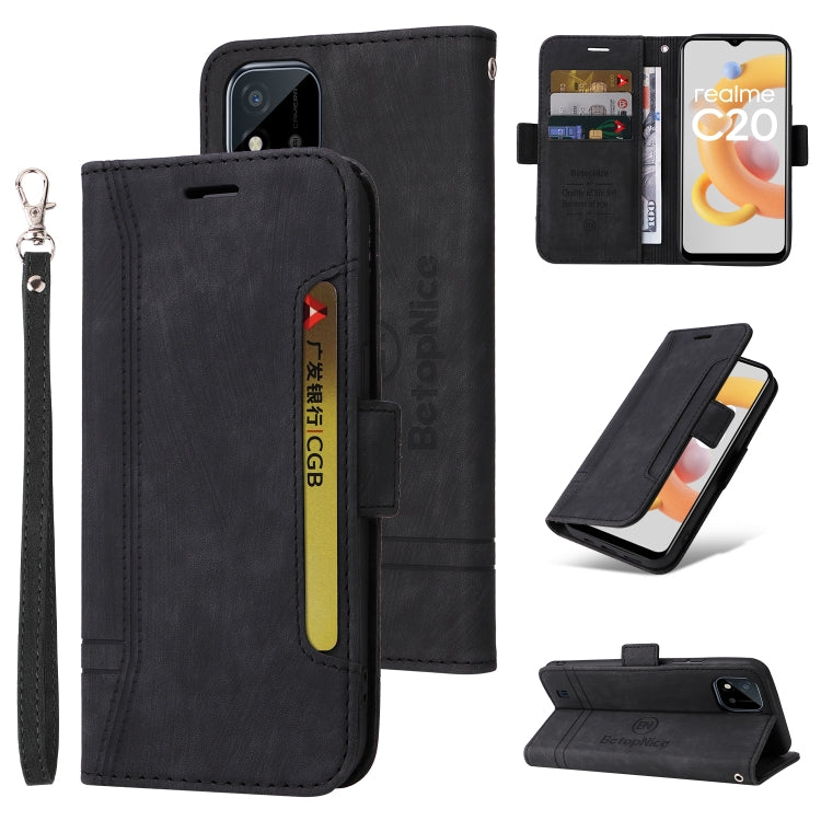 Black leather folio phone case with wrist strap and dual-side buckle