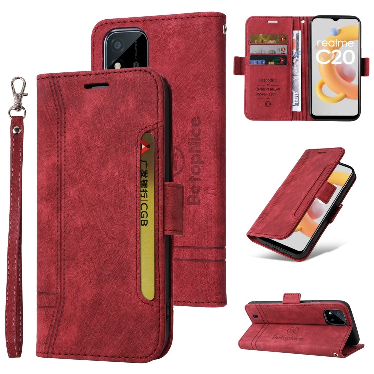 Red leather folio phone case with wrist strap and dual-side buckle