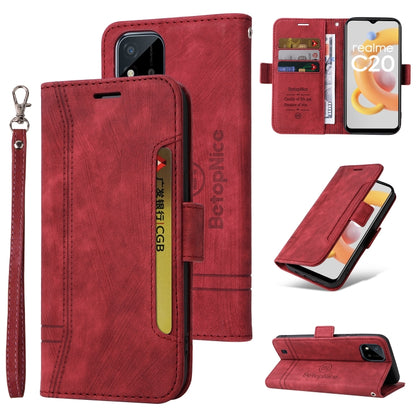 Red leather folio phone case with wrist strap and dual-side buckle