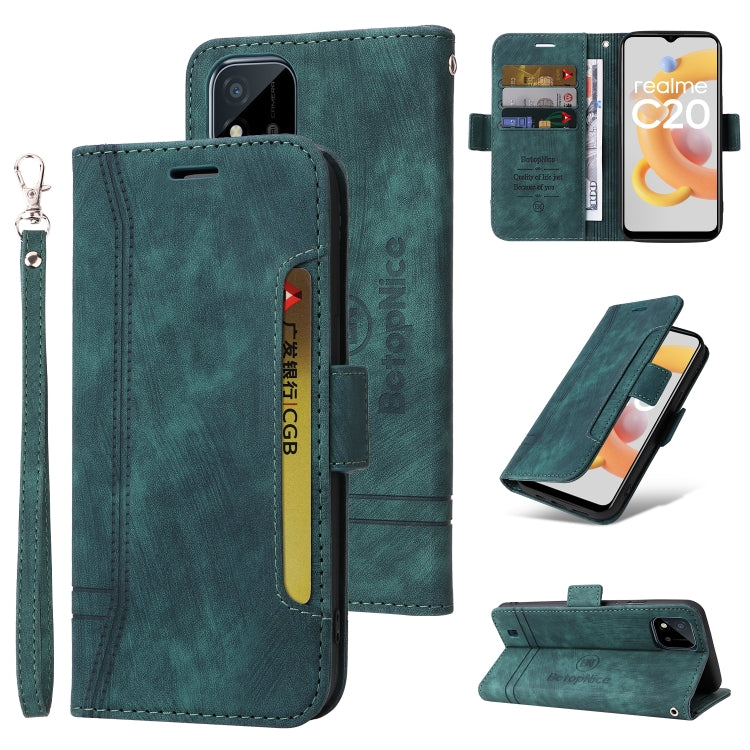 Green leather folio phone case with wrist strap and dual-side buckle