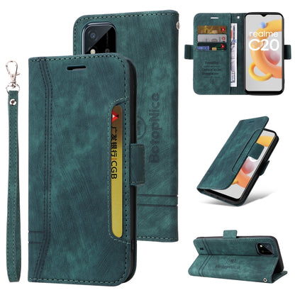 Green leather folio phone case with wrist strap and dual-side buckle