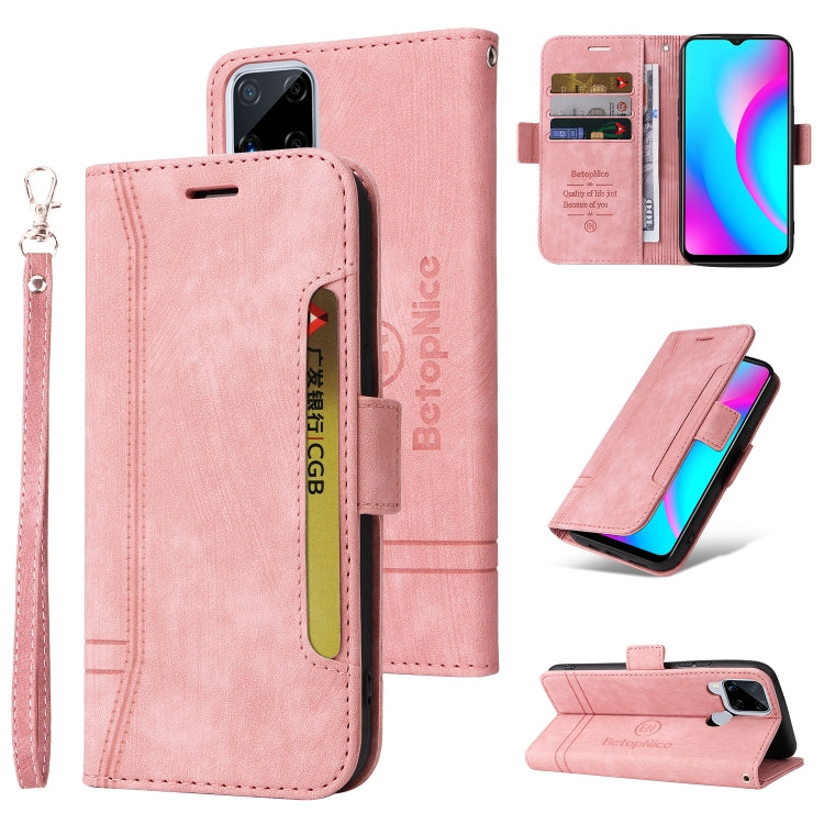 Pink leather flip phone case with buckle closure, dual-side slots, and wrist strap